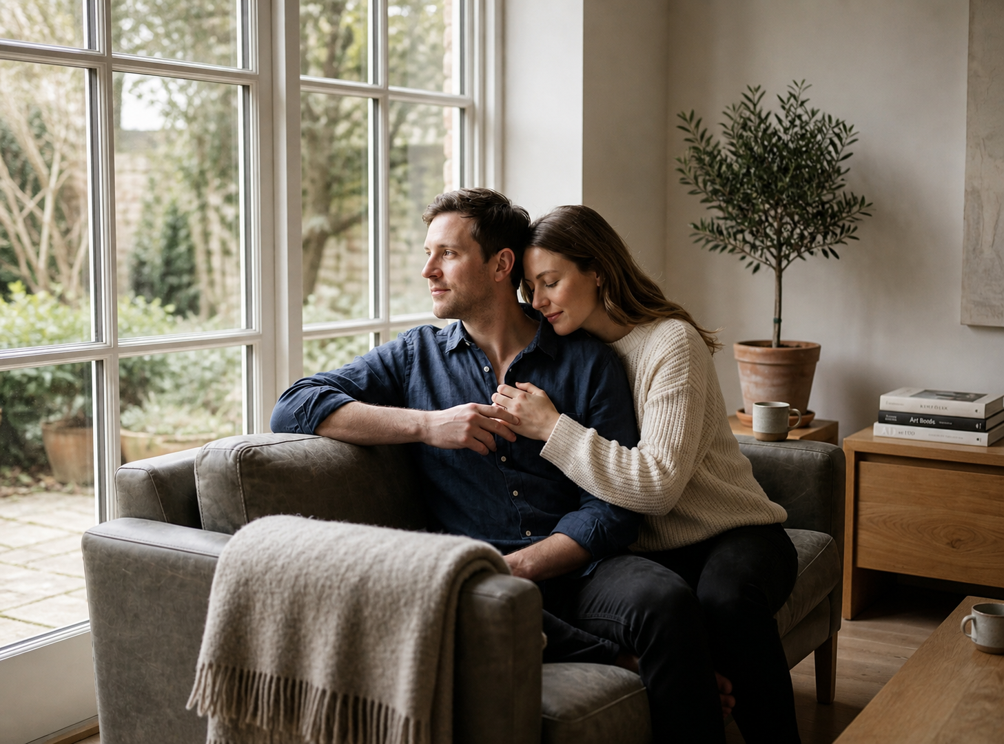Warm lifestyle moment — family in a serene, intimate setting with natural light