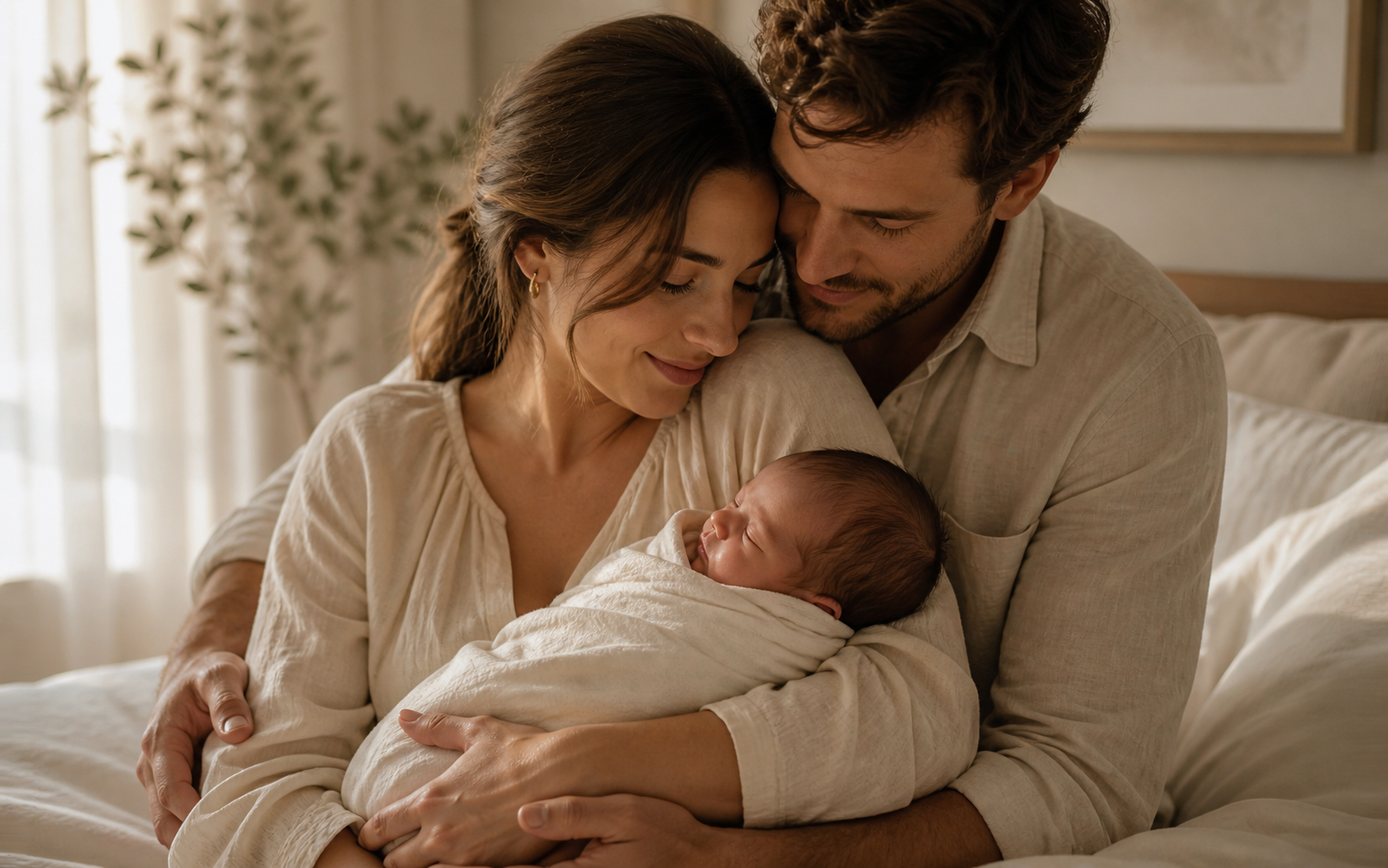 Warm intimate moment — couple with newborn in calm, supportive environment